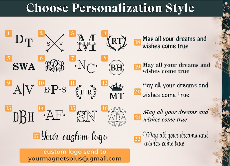 May include: Image showcasing personalization styles with various monogram options, including initials, names, and custom logos. The text "Choose Personalization Style" is at the top, with options numbered 1-22. The image also includes the text "Your custom logo" and an email address.
