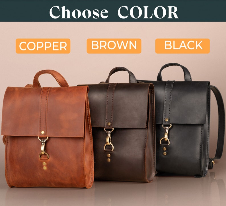 May include: Leather backpacks in copper, brown, and black. Each bag has a flap closure with a metal clasp and a top handle. The text "Choose COLOR" is at the top, with color options below.