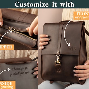 May include: A brown leather backpack with a flap closure, a gold-colored clasp, and a shoulder strap. The front of the bag has an engraved monogram. The text "Customize it with" is at the top. The inside of the bag has the engraved text "Wherever you go, go with all your heart."