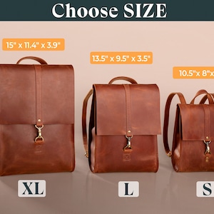 May include: Three brown leather backpacks in varying sizes: XL (15" x 11.4" x 3.9"), L (13.5" x 9.5" x 3.5"), and S (10.5" x 8" x 2.5"). Each features a flap closure with a metal clasp and adjustable straps. The text "Choose SIZE" is at the top.
