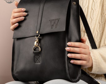 Black large leather backpack with laptop compartment, Travel leather backpack, Leather backpack for school