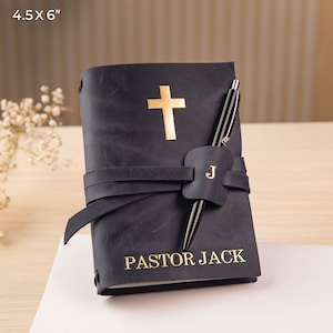 Refillable notebook with cross and personalized leather cover, gift for pastor, Christian gift, religious leather gift