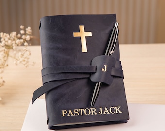 Refillable notebook with cross and personalized leather cover, gift for pastor, Christian gift, religious leather gift