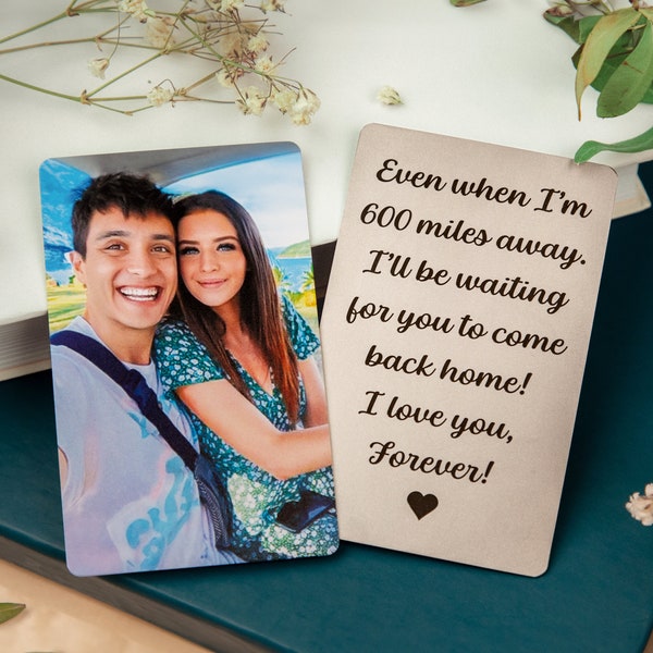 Metal pocket card with photo and engraved text, photo wallet insert for boyfriend, bf pocket card with text note and photo