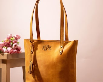 Real leather tote bag with zipper, Custom women's zip tote bag, Ladies leather laptop bag, Tote bag for women