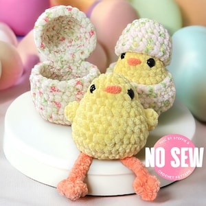 May include: Two crocheted yellow chicks, one sitting in a crocheted floral egg, and the other sitting on a white surface. A pink circle with the text "NO SEW CROCHET PATTERN" is in the foreground.