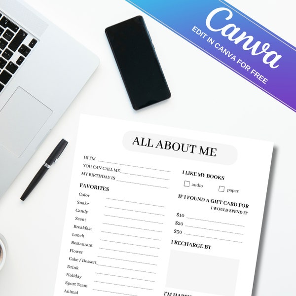 All about me, co-worker questions CANVA Template, Personalized, Digital Download,Editable Canva Template