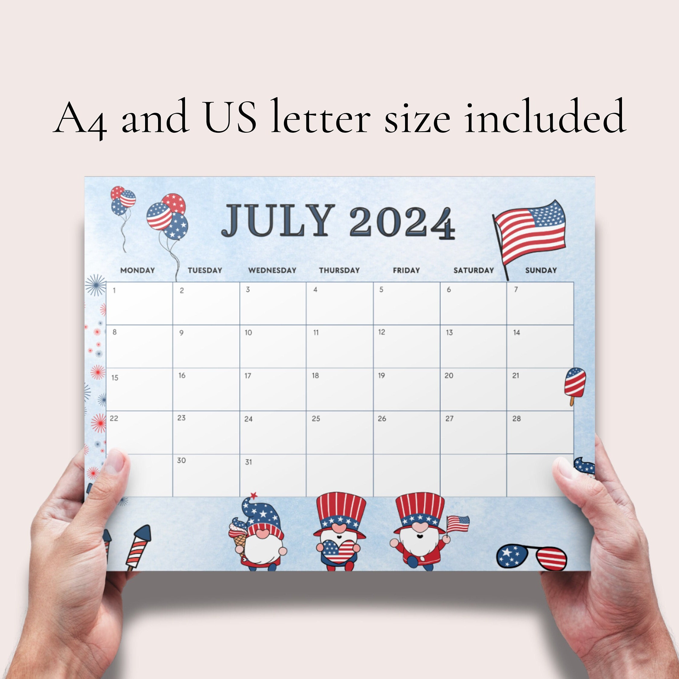 Printable 4th of July Independence Day, July 2024 Calendar ,monthly