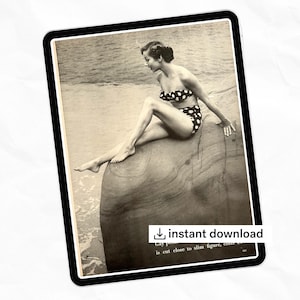 May include: Vintage black and white photograph of a woman in a polka dot bikini sitting on a large rock near the water. The image is presented on a digital tablet with the words "instant download" visible.