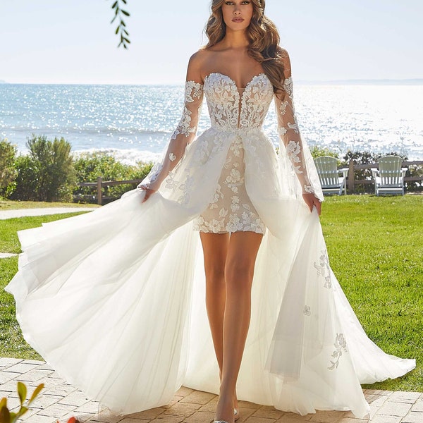 Detachable Long Sleeves Short Wedding Dresses Sequins