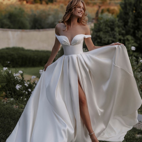 Off The Shoulder Satin Wedding Dress Charming Wedding Dress Y264
