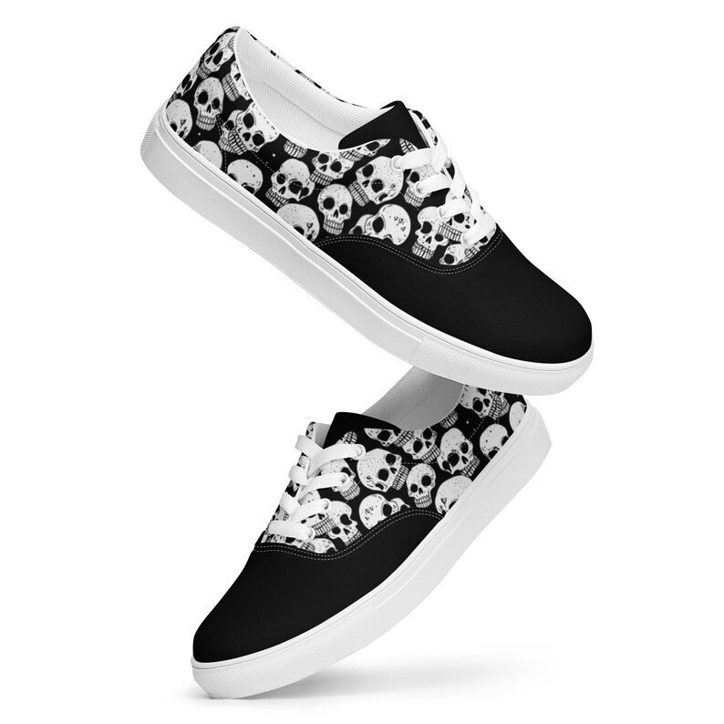 Men's Black and White Skull Pattern Canvas Sneakers, Stylish Footwear