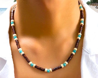 Collar con cuentas de madera, estilo boho, joyería de surfista hawaiano, regalo de surfista, joyería hecha a mano, vibraciones de playa, joyería de festival