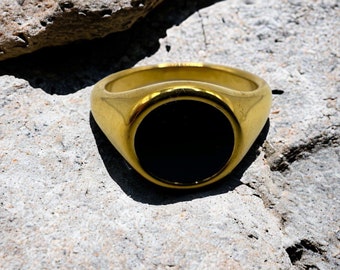 Anillo de sello para hombre - anillo de sello redondo - anillo de oro - anillo con piedra negra