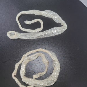 Può includere: Due pelli di serpente bianche, una arrotolata in un cerchio e l'altra a forma di otto, su una superficie nera.