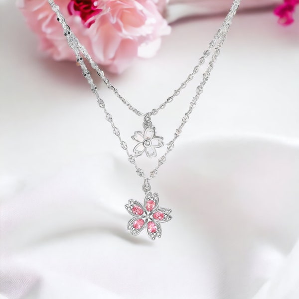 Collier de fleurs double couche en argent sterling, pendentif floral, argent ou or rose, cadeau pour elle, fleur de cerisier, anniversaire, anniversaire