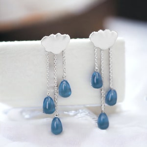Silver Cloud Stud Earrings with Blue Gemstone Raindrop Dangles - Gift For Her - Drop Earrings - Cloud Earrings - Birthday