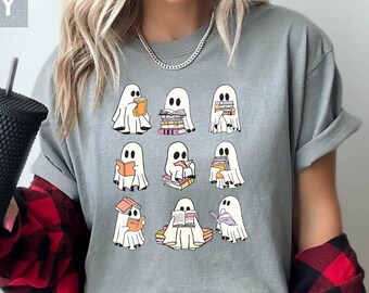 Halloween Boo Comfort Colors T Shirt, Gift For Book Lovers, Bookworm Gift, Halloween Teacher Crewneck,Boo Book Shirt,Ghost Reading Books Tee
