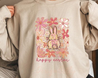 Happy Easter Sweatshirt, Floral Bunny Sweater, Colorful Rabbit Sweatshirt, Spring Aesthetic Sweater,Easter Day Gift,Cute Bunny,Pastel Easter