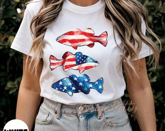 Patriotic USA Flag Fish Shirt, American Flag Fishing T-Shirt for Men, Funny Bass Fishing 4th of July Gift Idea,  Gift For American Fisherman