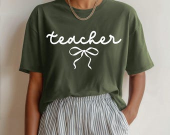Coquette Teacher Shirt, Pink Pencil Bow Tee, Cute Teacher Graphic T Shirt, Back To School Teacher Tee, Elementary Teacher Gift Shirt