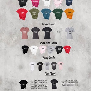 K&ouml;nnte beinhalten: Eine Gr&ouml;&szlig;entabelle f&uuml;r T-Shirts, V-Ausschnitte, Bodys und Jugend-Shirts. Die Tabelle enth&auml;lt die Ma&szlig;e f&uuml;r Breite, L&auml;nge, Brustumfang und L&auml;nge in Zoll. Die Tabelle enth&auml;lt auch eine Liste der verf&uuml;gbaren Farben f&uuml;r jede Art von Shirt.