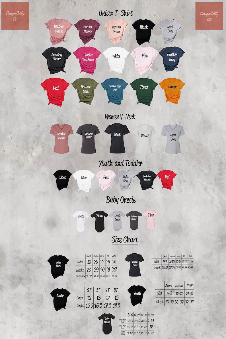K&ouml;nnte beinhalten: Eine Gr&ouml;&szlig;entabelle f&uuml;r T-Shirts, V-Ausschnitte, Bodys und Jugend-Shirts. Die Tabelle enth&auml;lt die Ma&szlig;e f&uuml;r Breite, L&auml;nge, Brustumfang und L&auml;nge in Zoll. Die Tabelle enth&auml;lt auch eine Liste der verf&uuml;gbaren Farben f&uuml;r jede Art von Shirt.