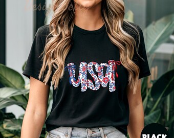 Floral USA Shirt, Patriotic Tee, 4th Of July Shirt, Cute Vintage America Summer Tee, Red White Blue Aesthetic Shirt, Independence Day Gift