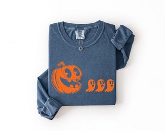 Spooky Pumpkin Ghost Comfort Colors Shirt, Cute Halloween Pumpkin Tee, Funny Ghost Graphic Fall Shirt, Long Sleeve Halloween Top