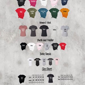 May include: A product catalog featuring various t-shirts, V-necks, onesies, and toddler shirts in multiple colors. The image includes a size chart with measurements in inches for different sizes, including chest and length.