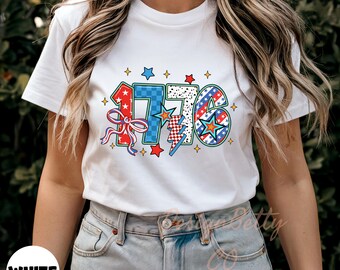 Camiseta de EE. UU. de 1776, camiseta con rayo del 4 de julio, camiseta con lazo de estrellas rojas, blancas y azules, camiseta patriótica vintage, regalo del Día de la Independencia, camiseta de 1776