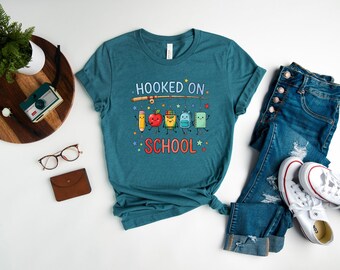 Hooked On School Tee, Cute Fishing School Shirt, Back To School Teacher T Shirt, First Day Of School Graphic Tee, Student Teacher Gift