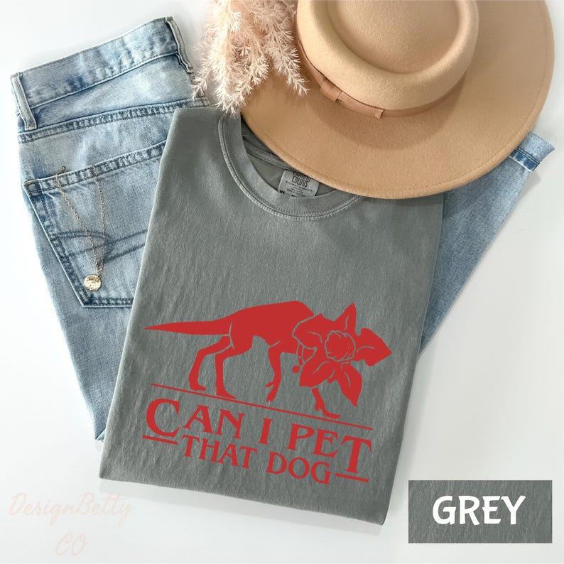 a grey t-shirt with a red graphic design, a pair of blue jeans, and a beige hat.