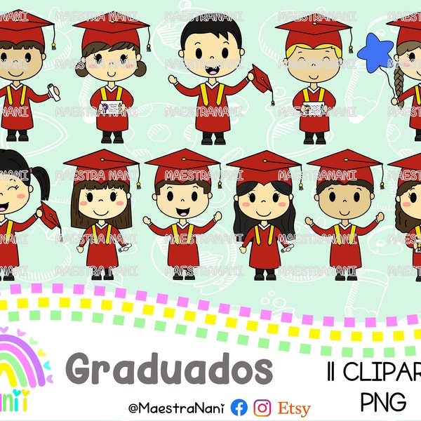 Set cliparts graduados, graduate, graduación, escuela, toga, birrete, rojo, niños, felicidades, graduation.