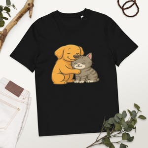 Unisex organic cotton t-shirt Cute Puppy and Kitten Hug – Cartoon Animal Friends T-Shirt Design