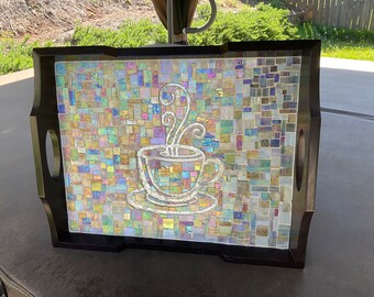 Mosaic serving tray 14” x 18” with steaming coffee or tea cup design