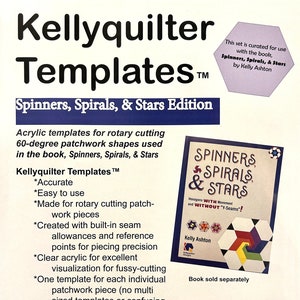 May include: A product image featuring "Kellyquilter Templates" for patchwork. The design includes the text "Spinners, Spirals, & Stars Edition." The image also shows a book cover with the title "Spinners, Spirals & Stars" and a geometric pattern.