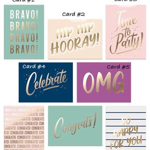 May include: A selection of greeting cards with various messages in gold lettering. Cards include "Bravo!", "Hip Hip Hooray!", "Time to Party!", "Celebrate", "OMG", "Congrats!", and "So Happy For You".