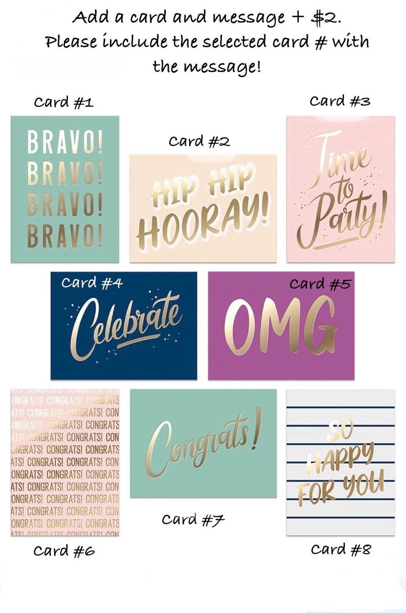 May include: A selection of greeting cards with various messages in gold lettering. Cards include "Bravo!", "Hip Hip Hooray!", "Time to Party!", "Celebrate", "OMG", "Congrats!", and "So Happy For You".