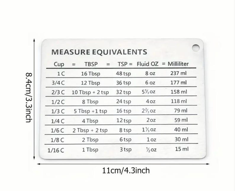May include: A rectangular stainless steel kitchen measurement conversion chart, 4.3 inches wide and 3.3 inches tall, with a hole for hanging. The chart lists equivalents for cups, tablespoons, teaspoons, fluid ounces, and milliliters.