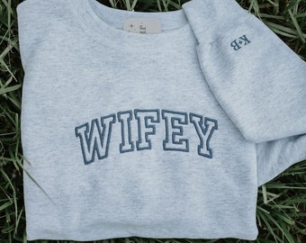 Customizable Wifey Embroidered Crewneck Sweatshirt | MRS Personalized Crew Neck Pullover | New Bride Sweatshirt | Gift For Wife