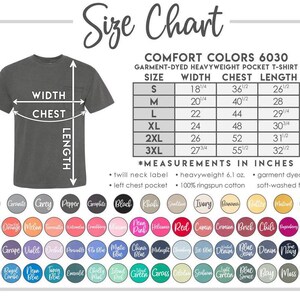 May include: Size chart for Comfort Colors 6030 garment-dyed heavyweight pocket t-shirts. The chart shows sizes S through 3XL with corresponding width, chest, and length measurements in inches. The chart also includes details about the fabric: heavyweight 6.1 oz, 100% ringspun cotton, garment dyed and soft-washed.