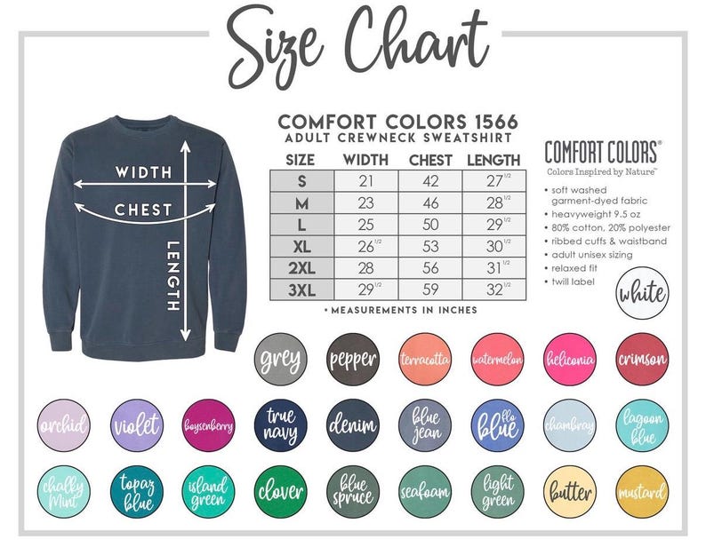 May include: Size chart for adult crewneck sweatshirts in various sizes, with width, chest, and length measurements in inches. The chart also includes a color palette with names like "grey", "pepper", "terracotta", "watermelon", "heliconia", "crimson", "true navy", "denim", "blue jean", "blue", "lambrey", "lagoon blue", "orchid", "violet", "boysenberry", "chalky mint", "topaz blue", "island green", "clover", "blue spruce", "seafoam", "light green", "butter", and "mustard".