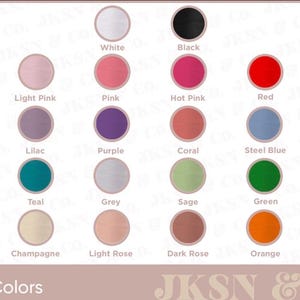 May include: A chart of thread colors with 24 different color swatches. The colors include white, black, beige, light pink, pink, hot pink, red, yellow, golden yellow, lilac, purple, coral, steel blue, blue, navy, teal, grey, sage, green, mint, dark green, champagne, light rose, dark rose, orange, and auburn. The text "Thread Colors" is at the bottom of the chart. The text "JKSN & Co." is at the bottom of the chart.