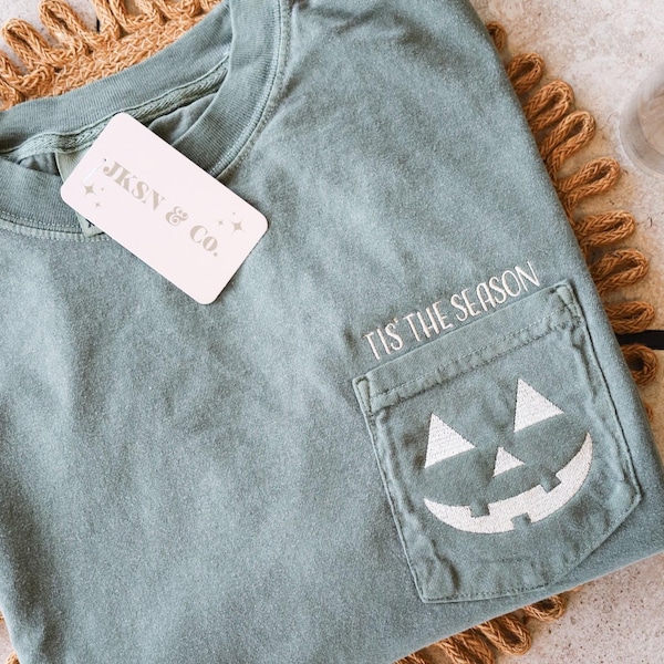 Jack-O-Lantern Embroidered Pocket Tee-- Comfort Colors Tee, Tis the Season, Fall Tee, Halloween Shirt, Pumpkin Shirt, Fall Fashion, Cute Tee