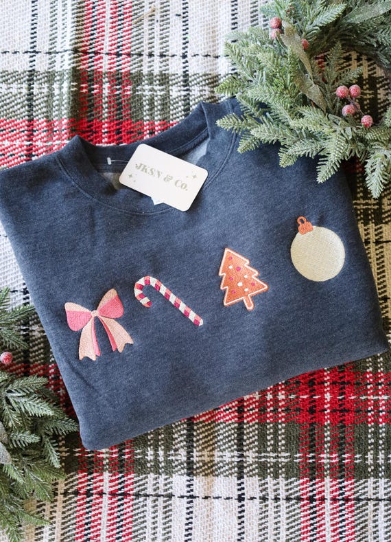 Christmas Graphics Embroidered Crewneck-- Christmas Swetshirt, Christmas Bow, Candy Cane, Gingerbread Cookie, Christmas Ornament, Christmas