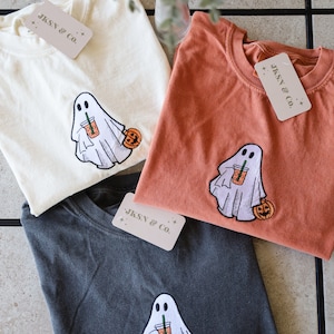 Iced Coffee Ghost Embroidered Tee --Comfort Colors Tee, Unisex Tee, Short Sleeve Tee, Halloween Tee, Spooky Tee, Ghost
