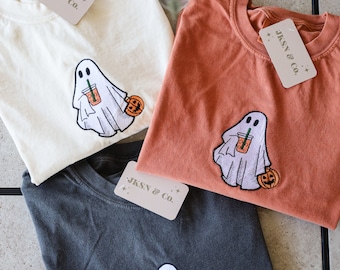 Iced Coffee Ghost Embroidered Tee --Comfort Colors Tee, Unisex Tee, Short Sleeve Tee, Halloween Tee, Spooky Tee, Ghost