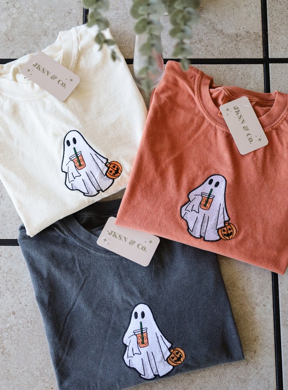 Iced Coffee Ghost Embroidered Tee --Comfort Colors Tee, Unisex Tee, Short Sleeve Tee, Halloween Tee, Spooky Tee, Ghost