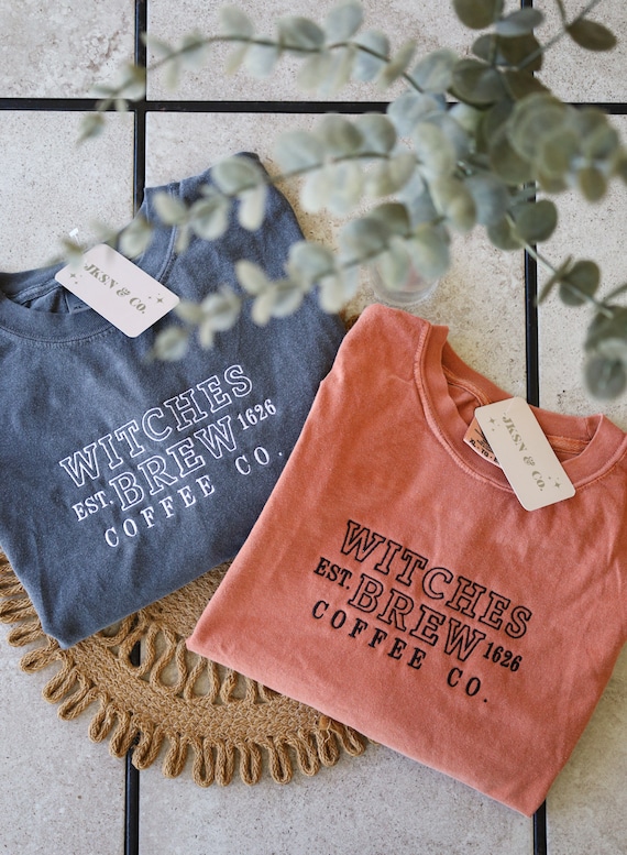 Witches Brew Coffee Co. Embroidered Tee — Comfort Colors, Short Sleeve Tee, Halloween TShirt, Fall Cozy Tee, Spooky Tee, Witch Tee, Coffee